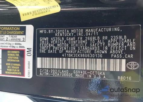 2011 Toyota Camry Xle V6 из США, поврежденный, VIN 4T1BK3EK9BU630136